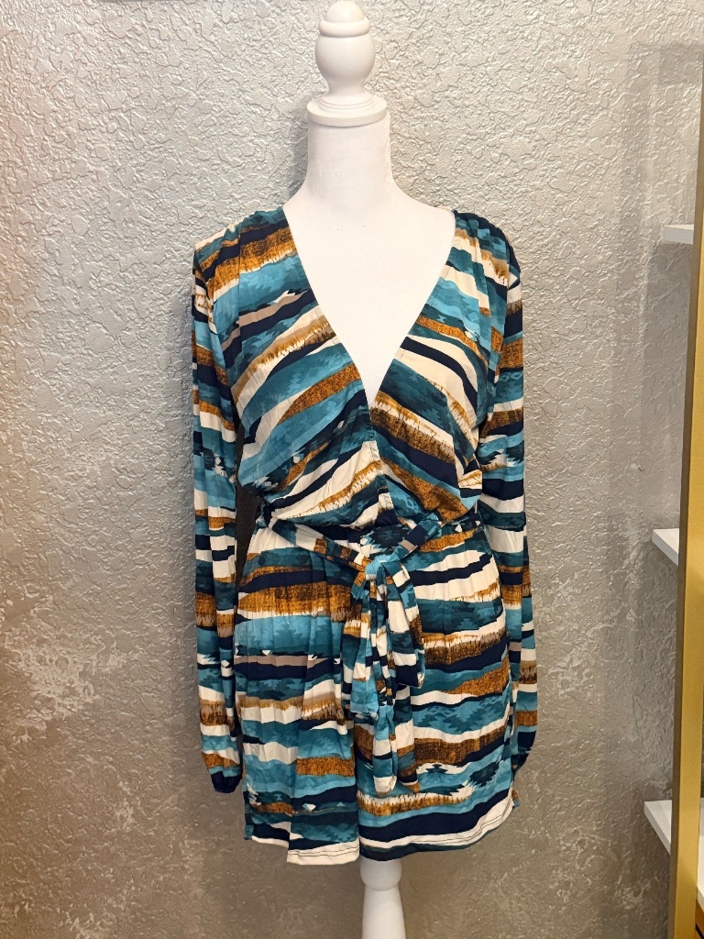 Abstract Print Wrap Mini Dress Tie Waist S M L